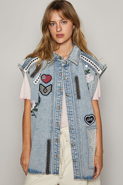 Oversize sleeveless embroidered denim vest