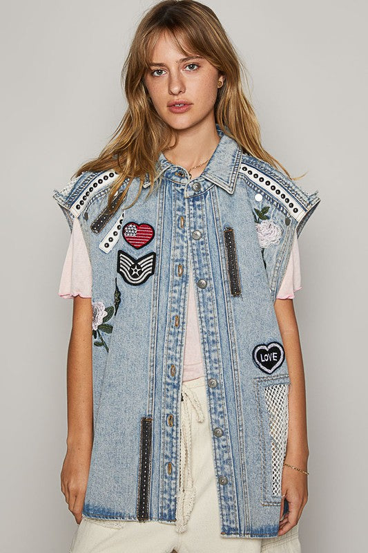 Oversize sleeveless embroidered denim vest