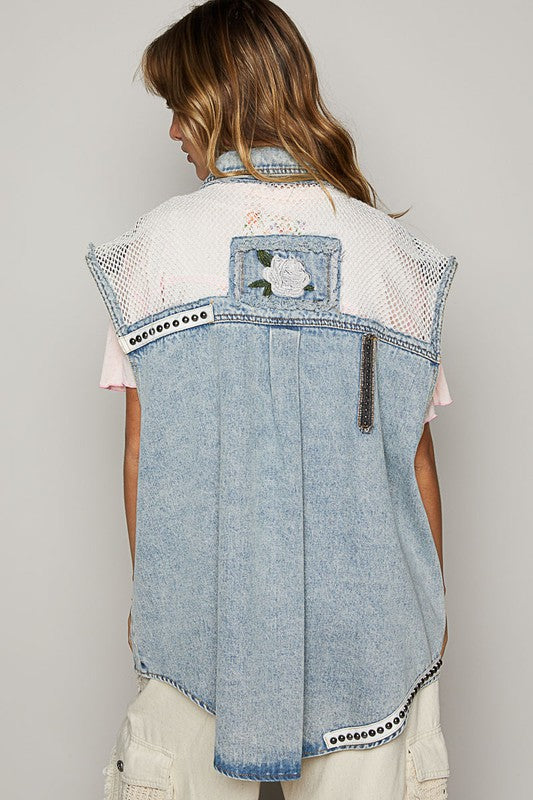 Oversize sleeveless embroidered denim vest
