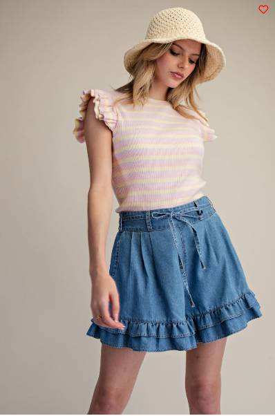 KARI RUFFLE BOTTOM WASHED DENIM SHORTS