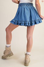 KARI RUFFLE BOTTOM WASHED DENIM SHORTS