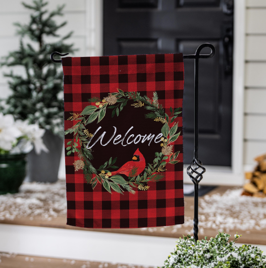Welcoming Cardinal Wreath Burlap House Flag