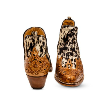 Myra Women's West Street White and Black Hair-On with Tooled Wingtip Snip Toe Booties