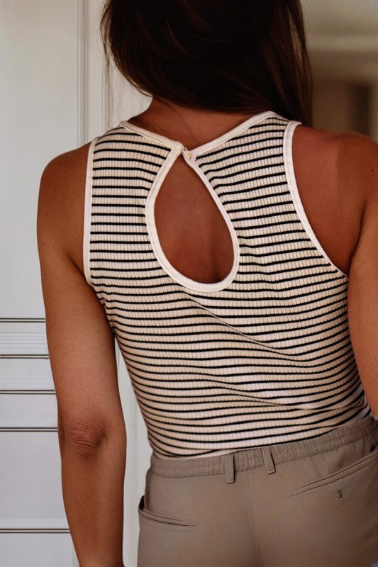 White Striped Print Ribbed Knit Sleeveless Top
