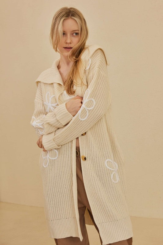 Hannah Wide Collared Cardigan With Floral Overstitch