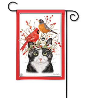 Winter Cat and Birds Garden Flag
