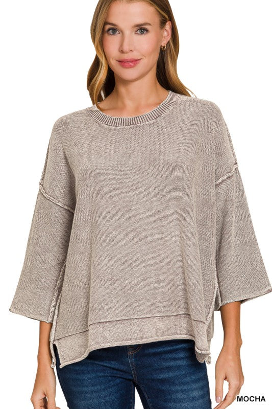 Zenana Mocha Washed 3/4 Sleeve Boxy Sweater