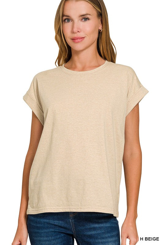 Zenana Round Neck Folded Short Sleeve T-shirt