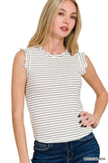 Zenana Ribbed Ruffle Trim Sleeveless Stripe Top