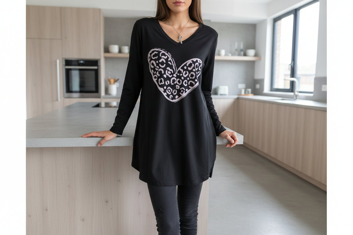 Long Sleeve Black Gold Leopard Heart T-Shirt