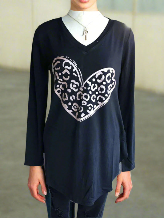 Long Sleeve Black Gold Leopard Heart T-Shirt
