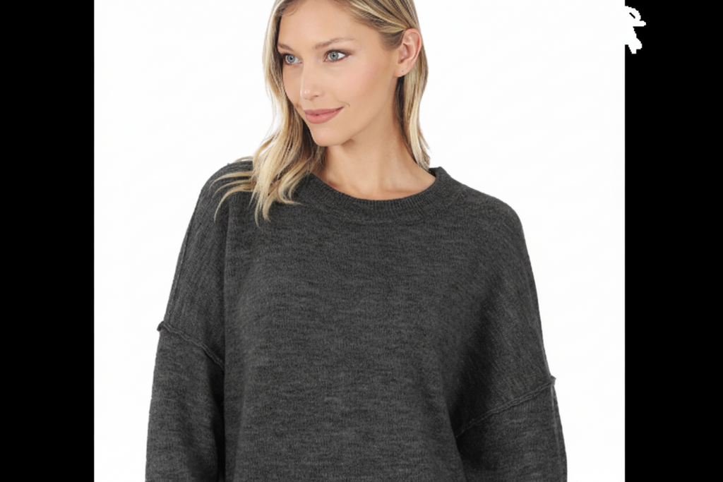 OVERSIZED ROUND NECK RAW SEAM MELANGE SWEATER CHARCOAL