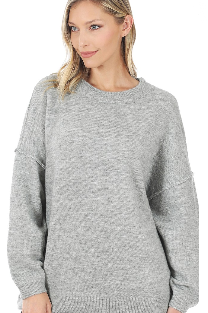 OVERSIZED ROUND NECK RAW SEAM MELANGE SWEATER CHARCOAL