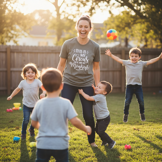 This image displays an olive green T-shirt featuring the playful phrase "This is My Circus; These are My Monkeys" in white script. The shirt is presented on a mannequin, showcasing its fit and design.