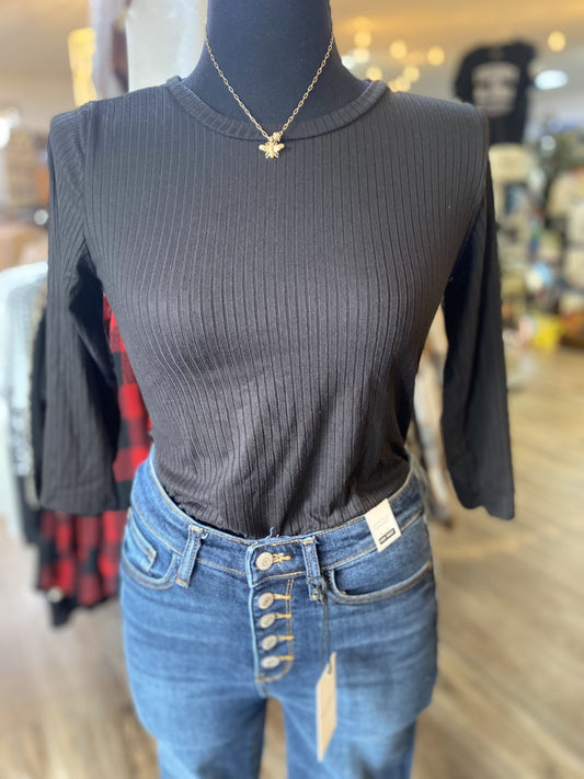 Black Ribbed 3/4 Sleeve Top S