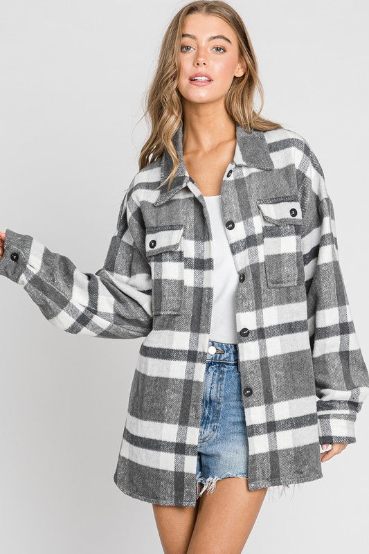 OVERSIZE PLAID FLANNEL SHIRT JACKET SHACKET BLACK