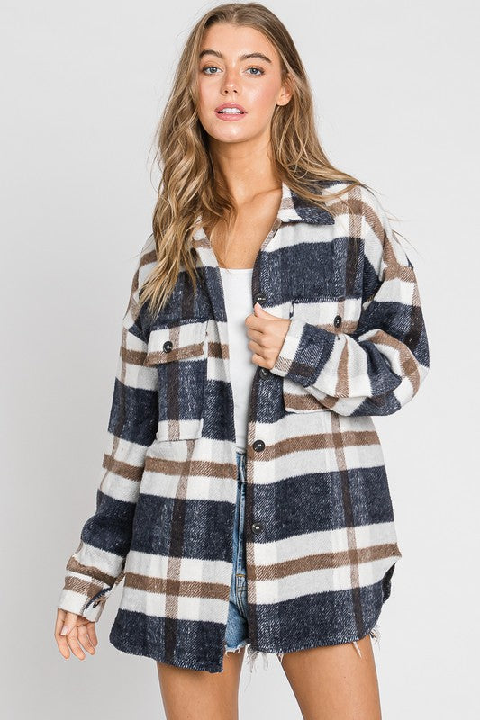 OVERSIZE PLAID FLANNEL SHIRT JACKET SHACKET BLUE