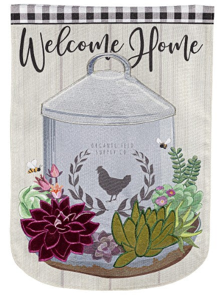 Chicken Feeder with Succulents Garden Linen Flag