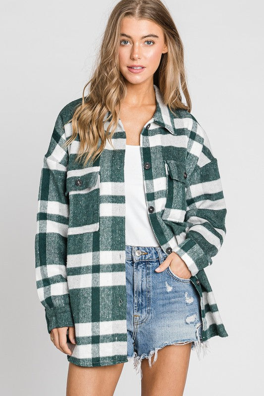 OVERSIZE PLAID FLANNEL SHIRT JACKET SHACKET GREEN
