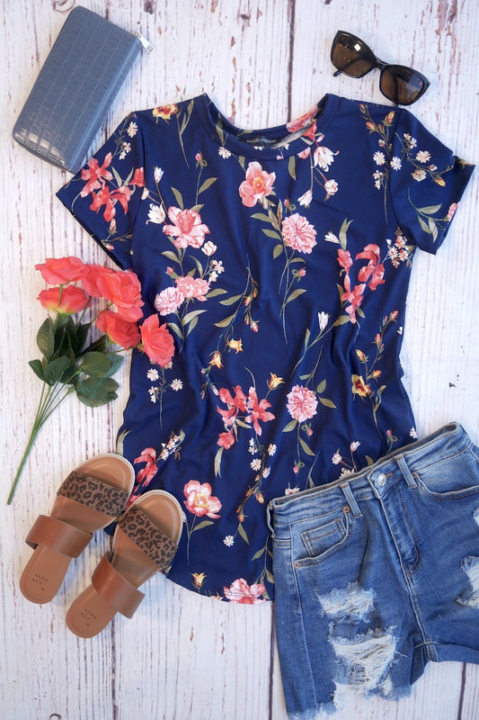 Navy Floral Short Sleve Top